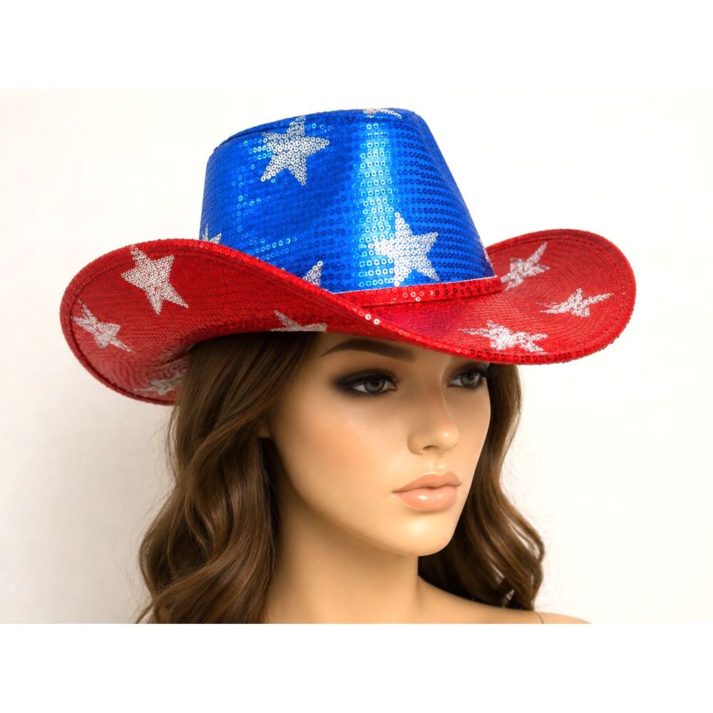 Red White & Blue Sequin Cowboy Hat with Stars Patriotic Western Party Costume